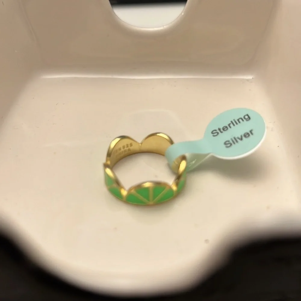 14k Gold Plated Sterling Silver Enamel Citrus Fruit Lime Ring Size 7 NWT